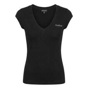 Y2K Bebe | Rhinestone Logo | Cotton Blend V-Neck T-Shirt | Women's Size Large